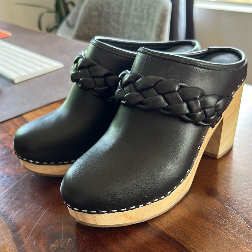 Black Leather Clogs with Braided Detail